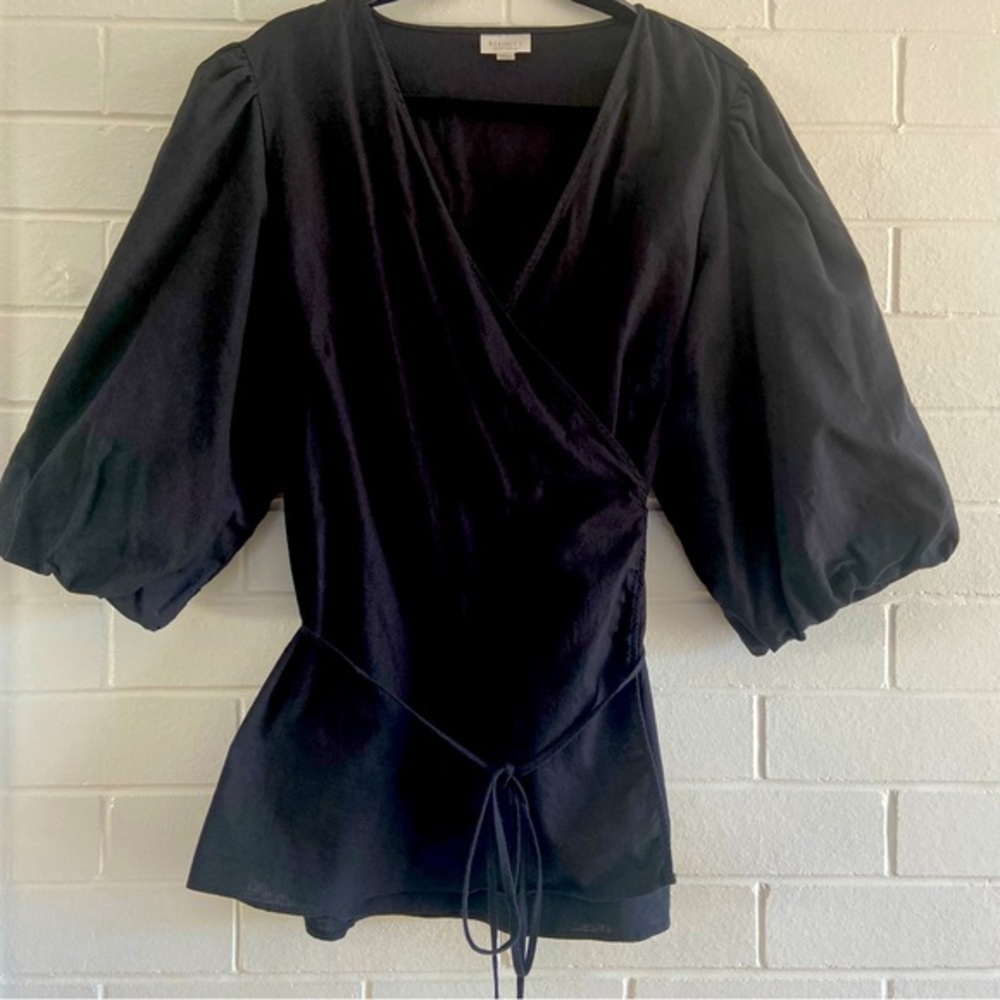 Refinity for City Chic black linen wrap top with balloon sleeves and tie Size 20 - Picture 2 of 16